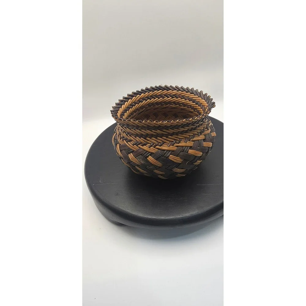 Handcrafted Miniature Woven Basket Two Tone Brown Natural Sawtooth Rim Folk Art